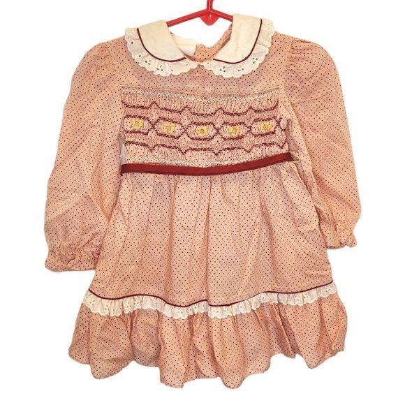 Vintage Polly Flinders Hand Smocked‎ Embroidered Dress Pink Eyeler Lace Sz 3T